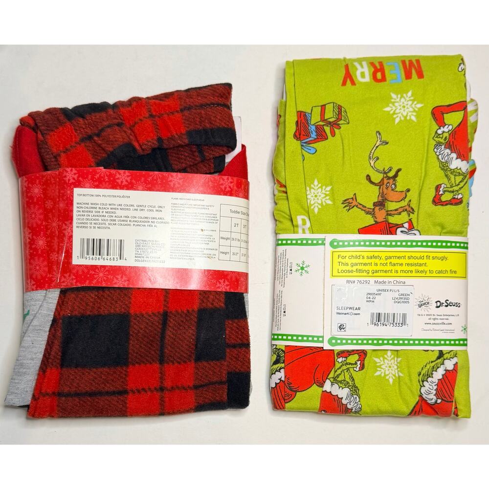 2 Pairs Of Christmas Pajamas 2 Piece Sets Holiday Family The Grinch Unisex 2T - Picture 2 of 2
